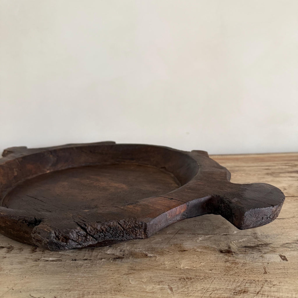 Vintage Teak Wood Dough Bowl | Dark Rustic Parat Tray 20"