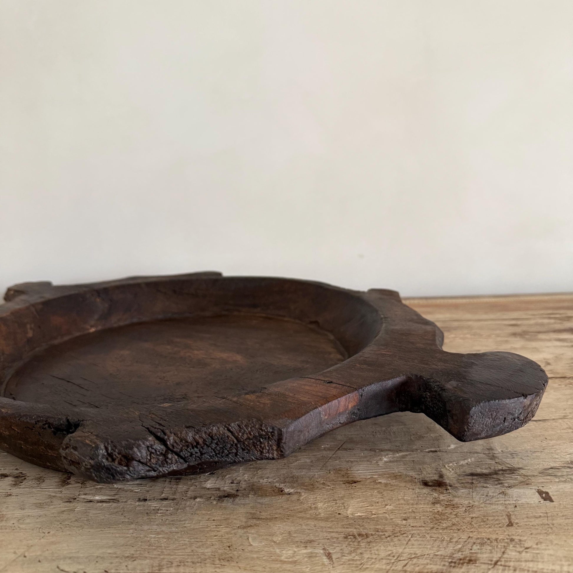 Vintage Teak Wood Dough Bowl | Dark Rustic Parat Tray 20"
