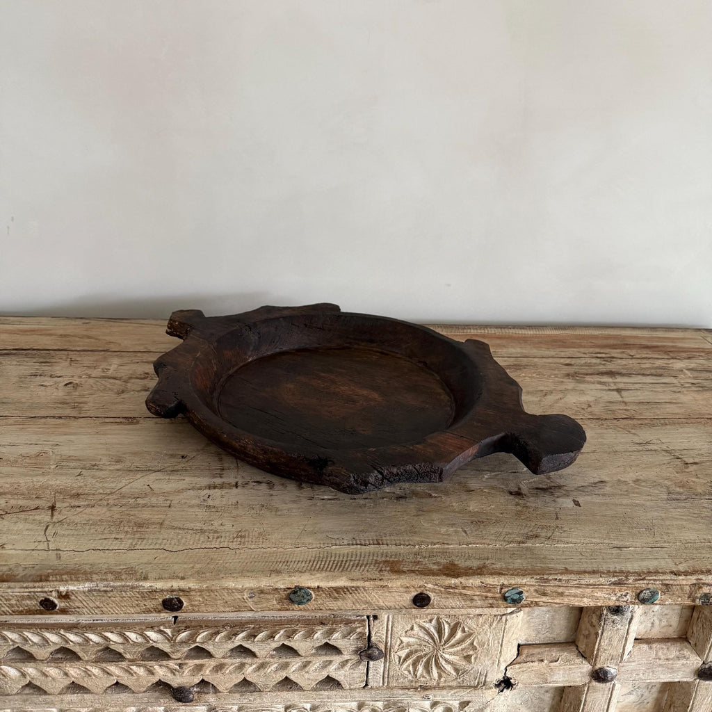 Vintage Teak Wood Dough Bowl | Dark Rustic Parat Tray 20"