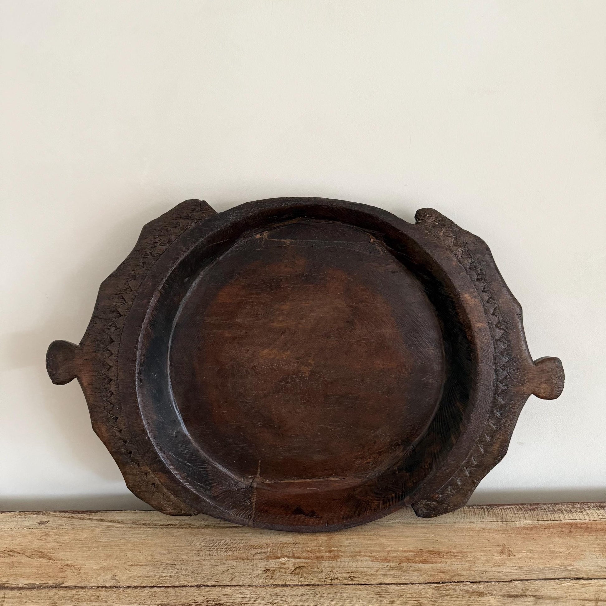 Vintage Teak Wood Dough Bowl | Dark Rustic Parat Tray 19”