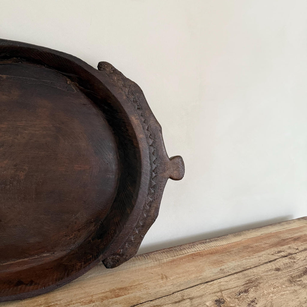 Vintage Teak Wood Dough Bowl | Dark Rustic Parat Tray 19”