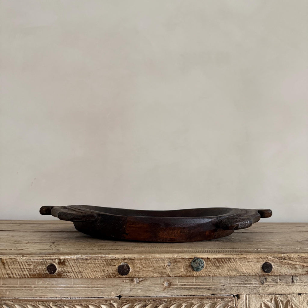 Vintage Teak Wood Dough Bowl | Dark Rustic Parat Tray 19