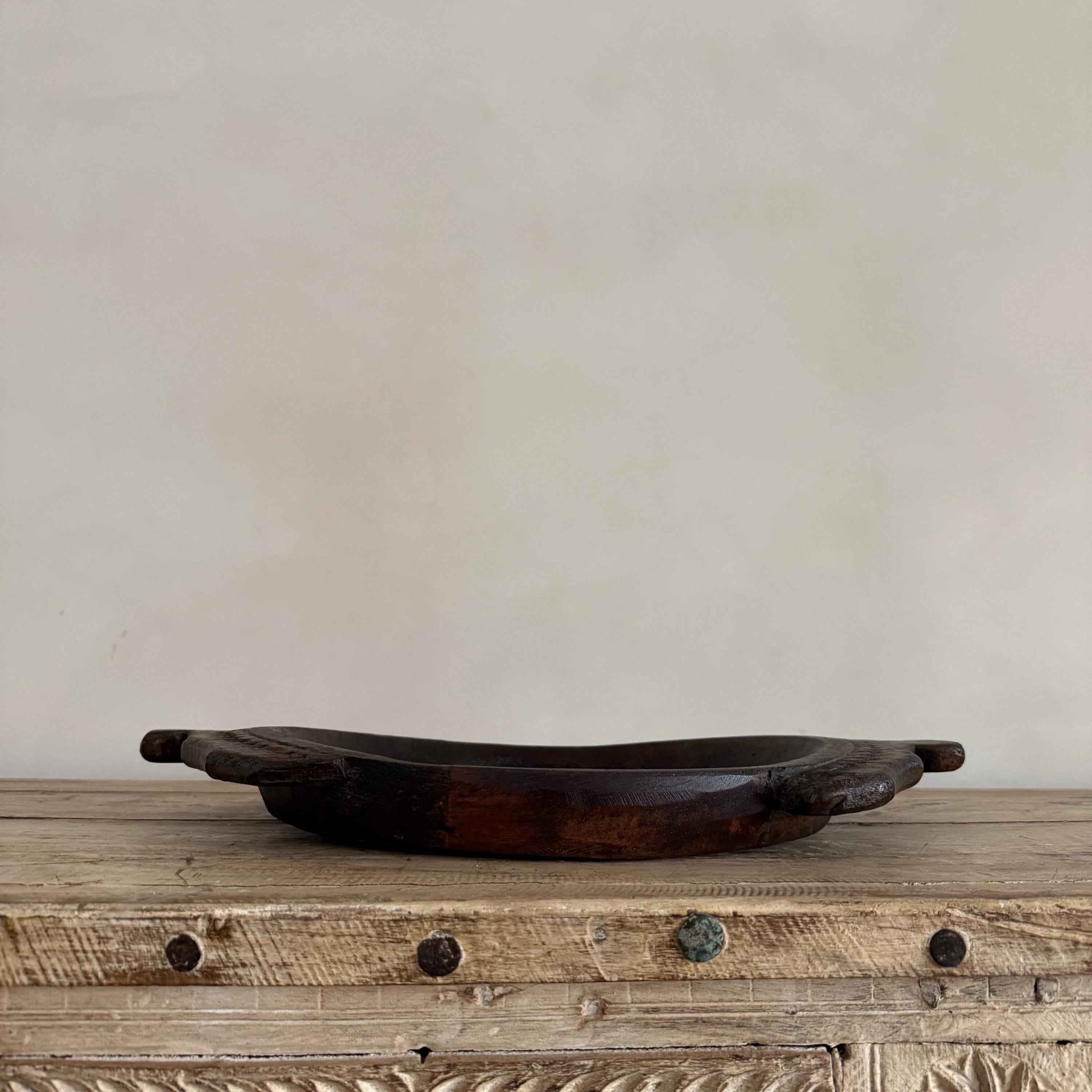Vintage Teak Wood Dough Bowl | Dark Rustic Parat Tray 19”