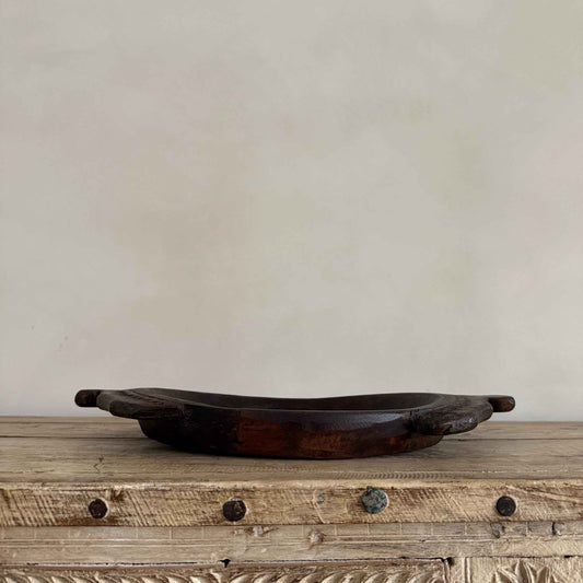 Vintage Teak Wood Dough Bowl | Dark Rustic Parat Tray 19”