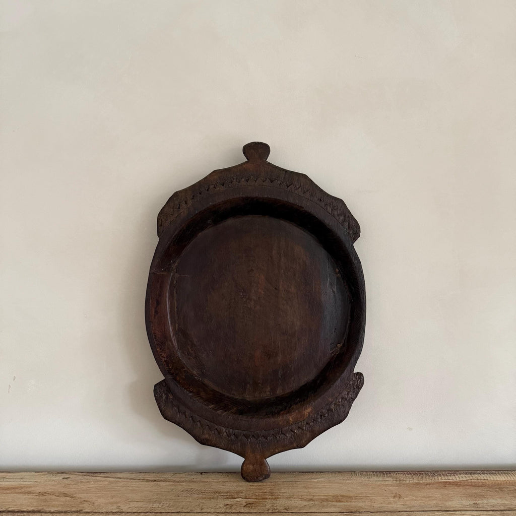 Vintage Teak Wood Dough Bowl | Dark Rustic Parat Tray 19”