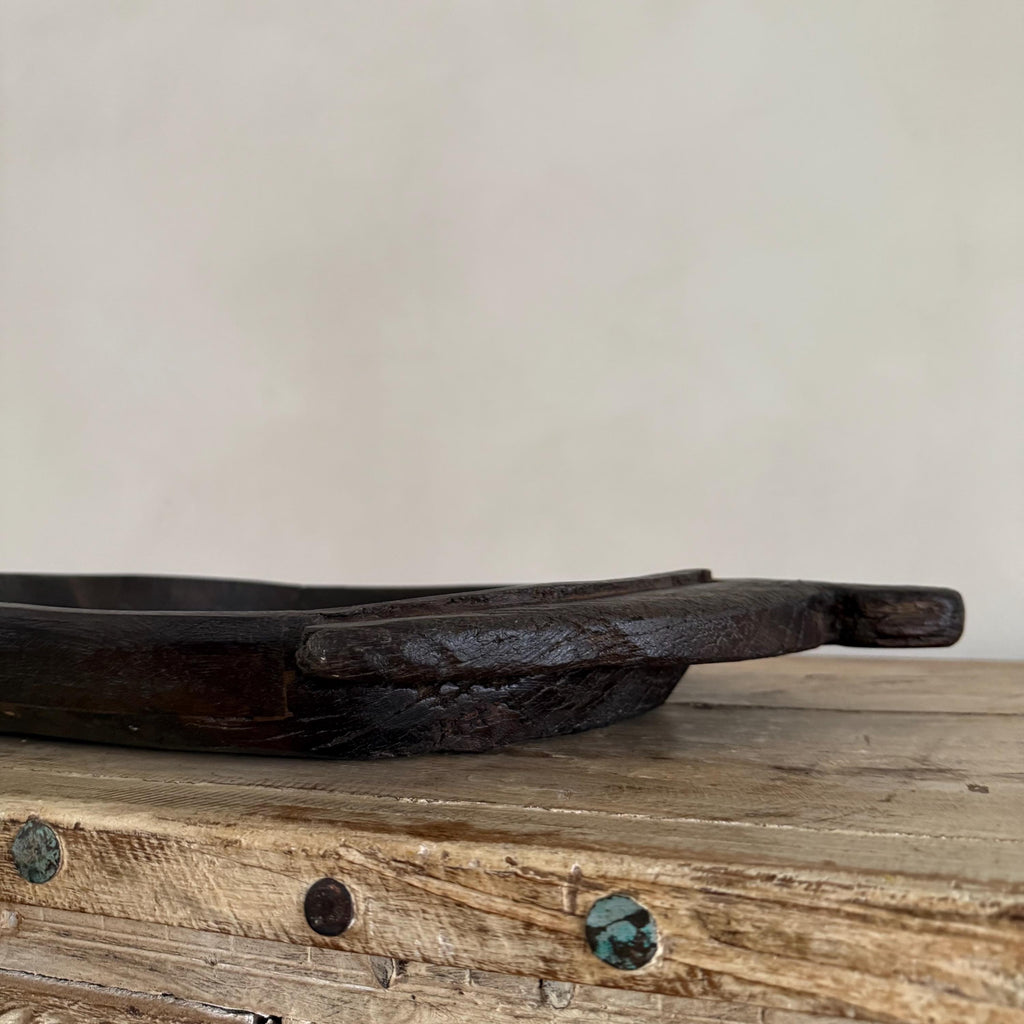 Vintage Teak Wood Dough Bowl | Dark Rustic Parat Tray 22