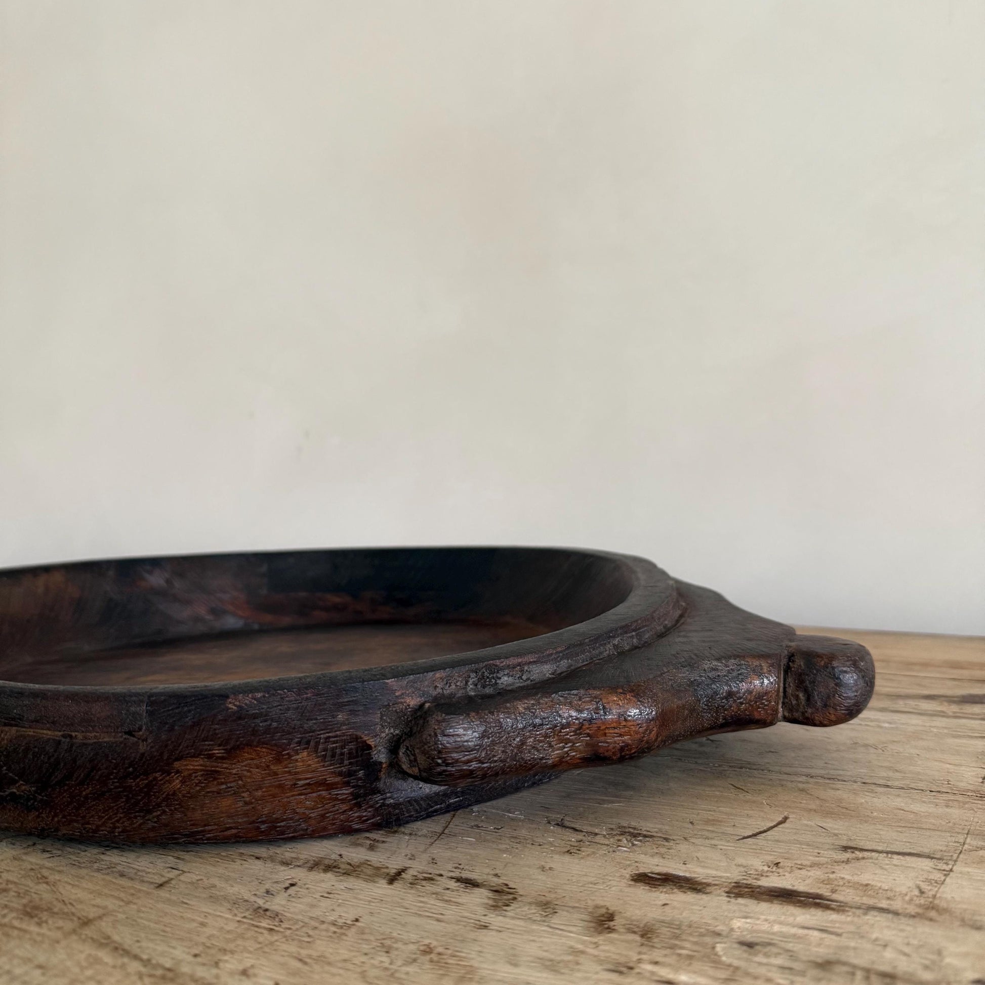 Vintage Teak Wood Dough Bowl | Dark Rustic Parat Tray 19