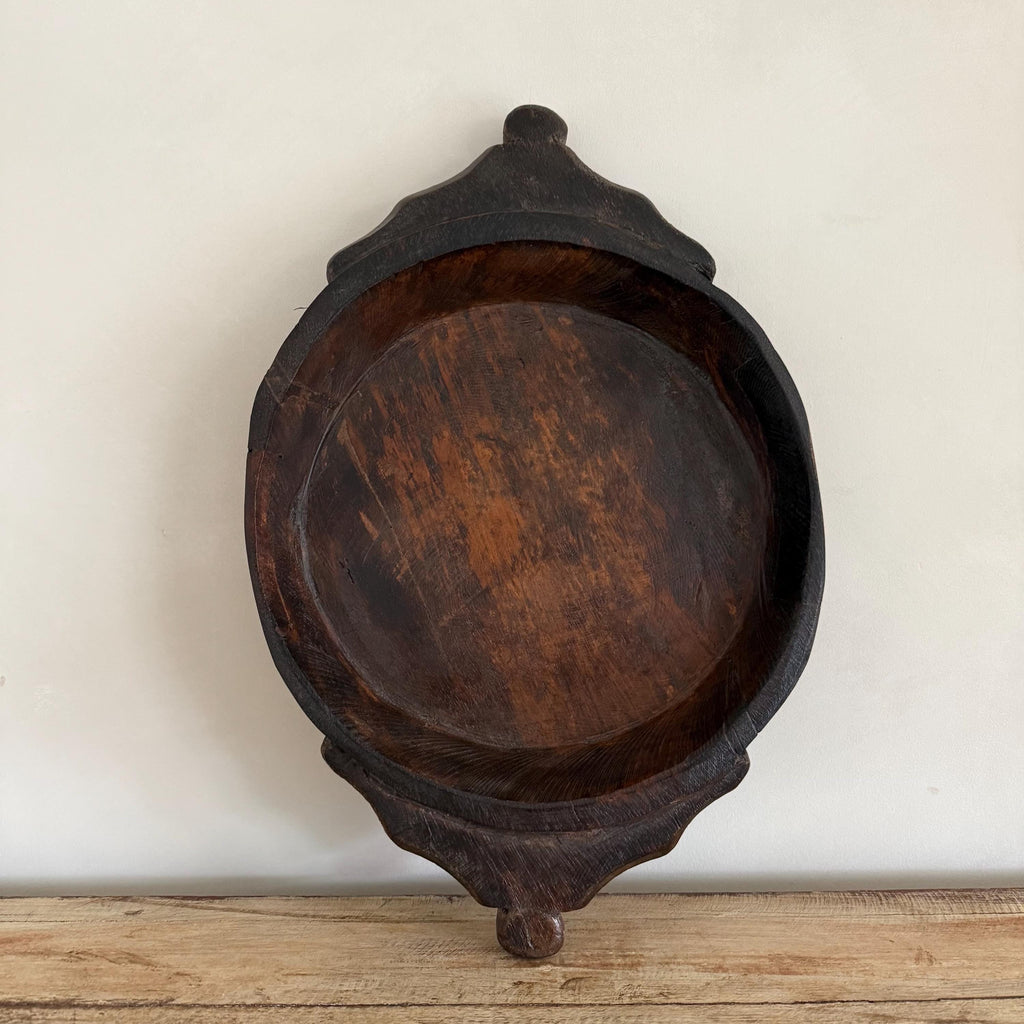 Vintage Teak Wood Dough Bowl | Dark Rustic Parat Tray 19