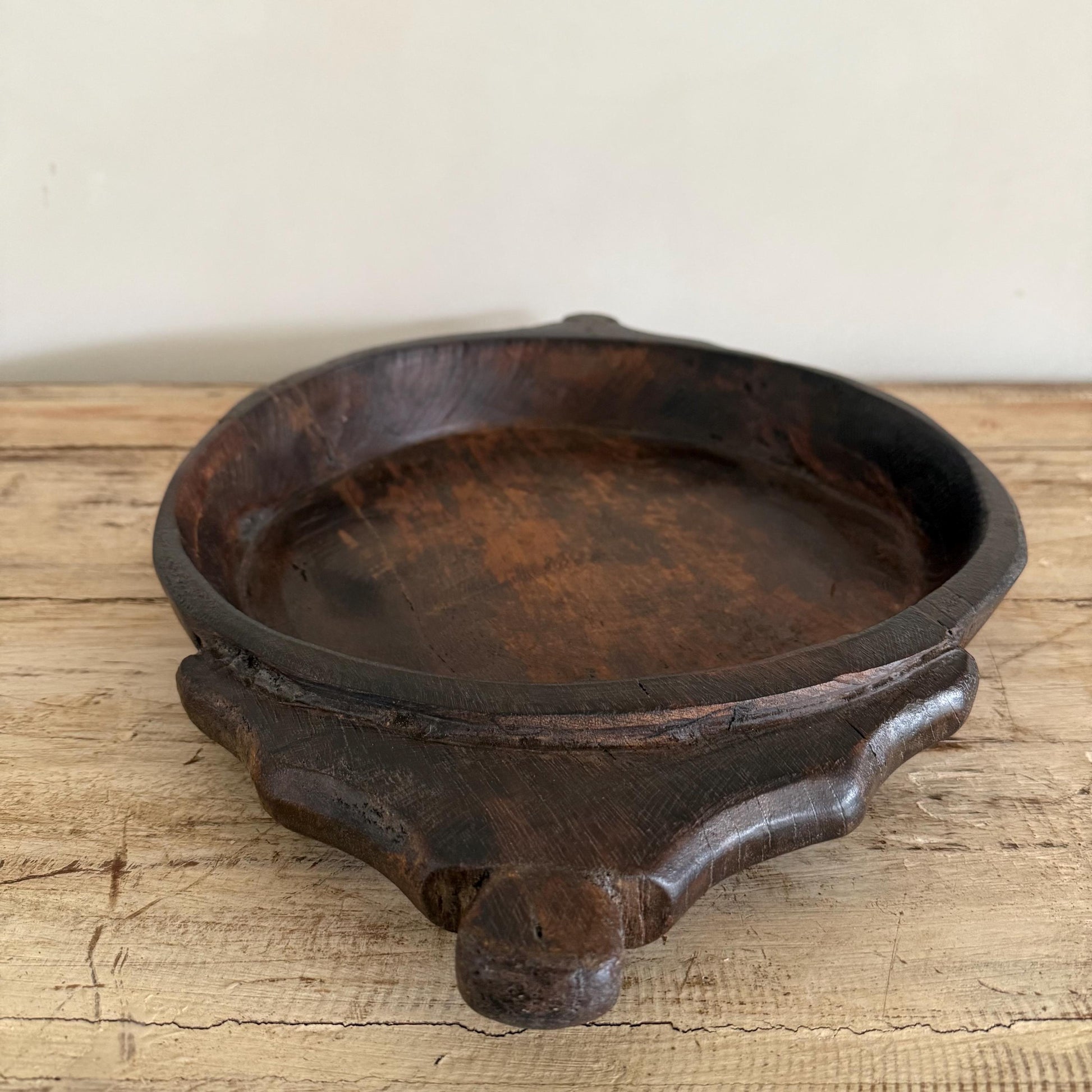 Vintage Teak Wood Dough Bowl | Dark Rustic Parat Tray 19