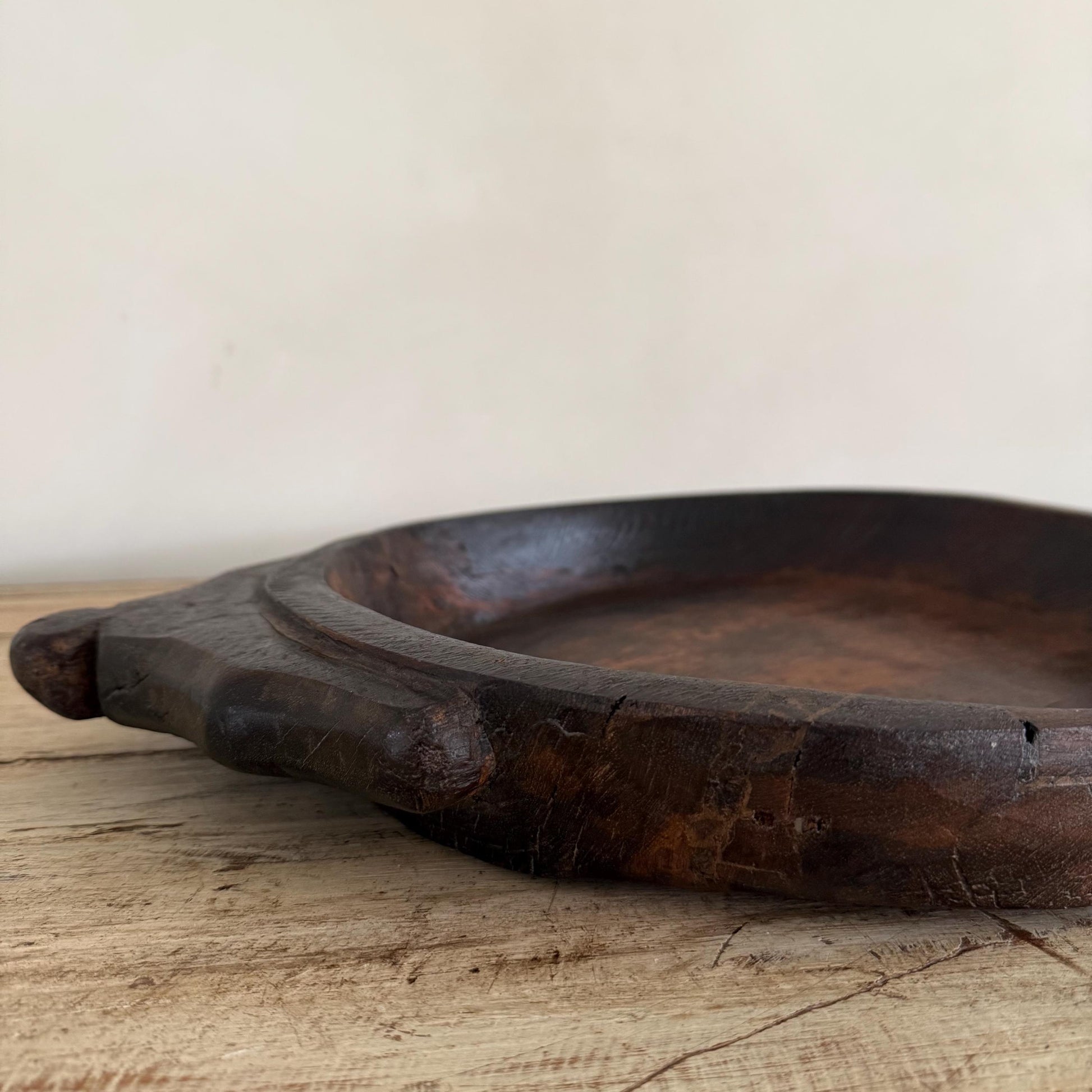 Vintage Teak Wood Dough Bowl | Dark Rustic Parat Tray 19