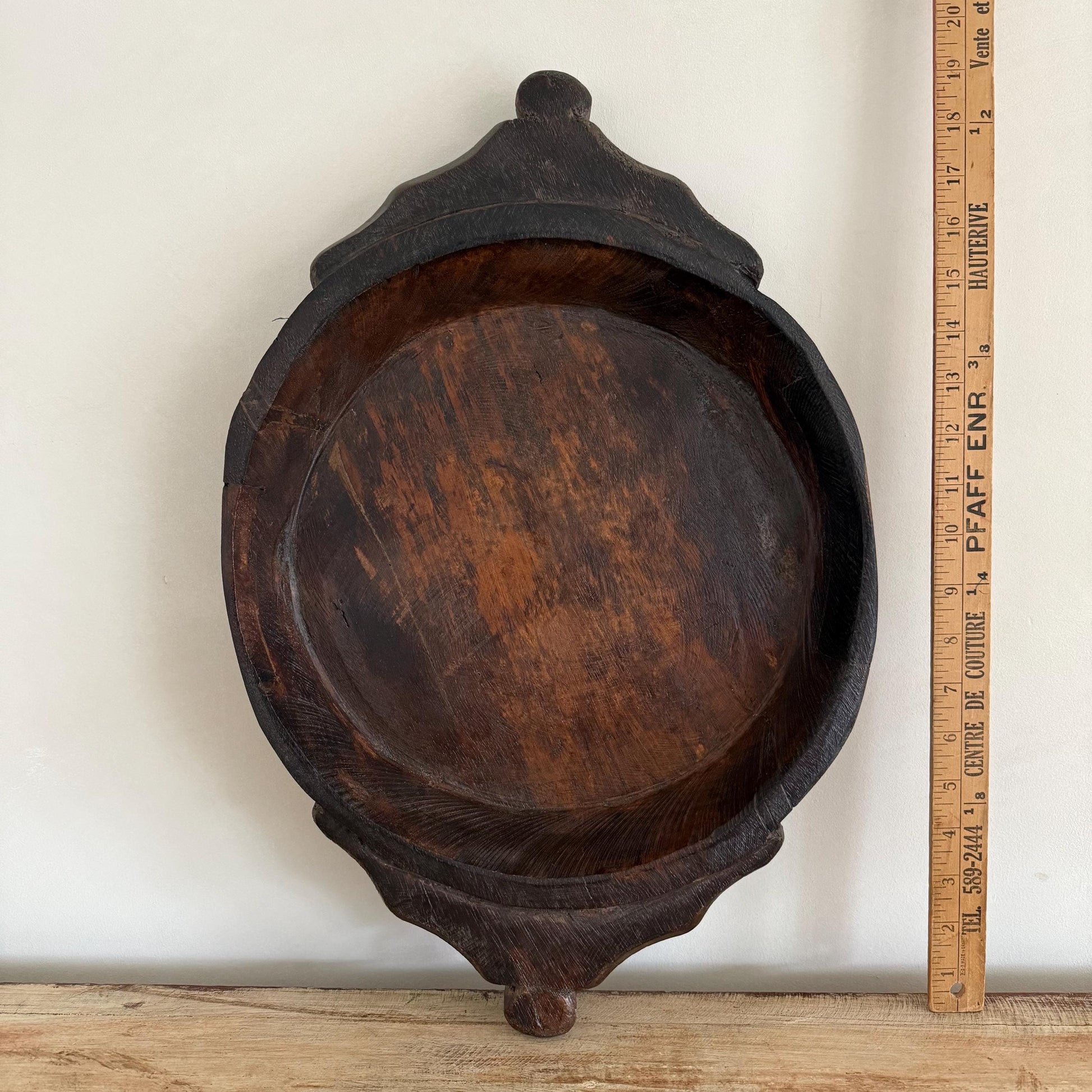 Vintage Teak Wood Dough Bowl | Dark Rustic Parat Tray 19