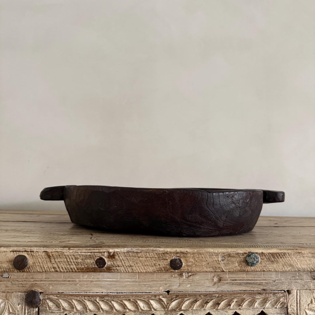 Vintage Teak Wood Dough Bowl | Dark Rustic Parat Tray 19