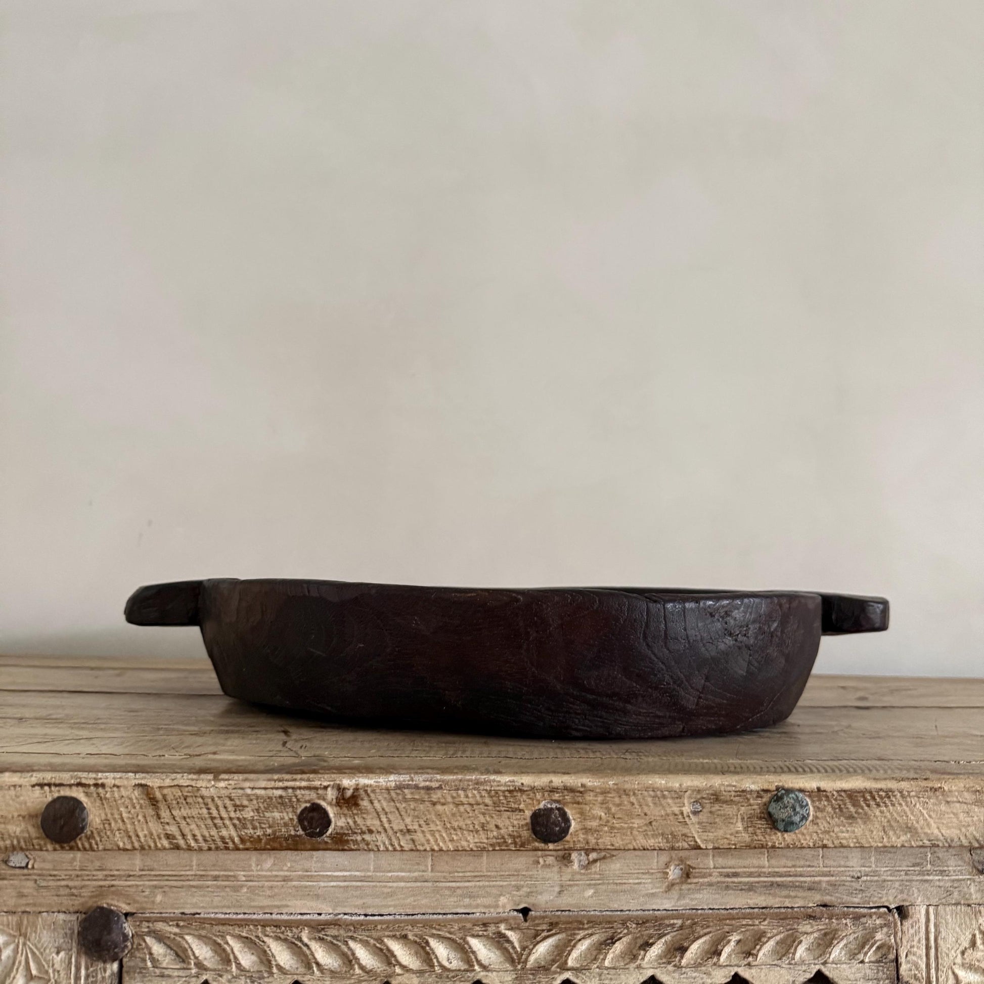 Vintage Teak Wood Dough Bowl | Dark Rustic Parat Tray 19