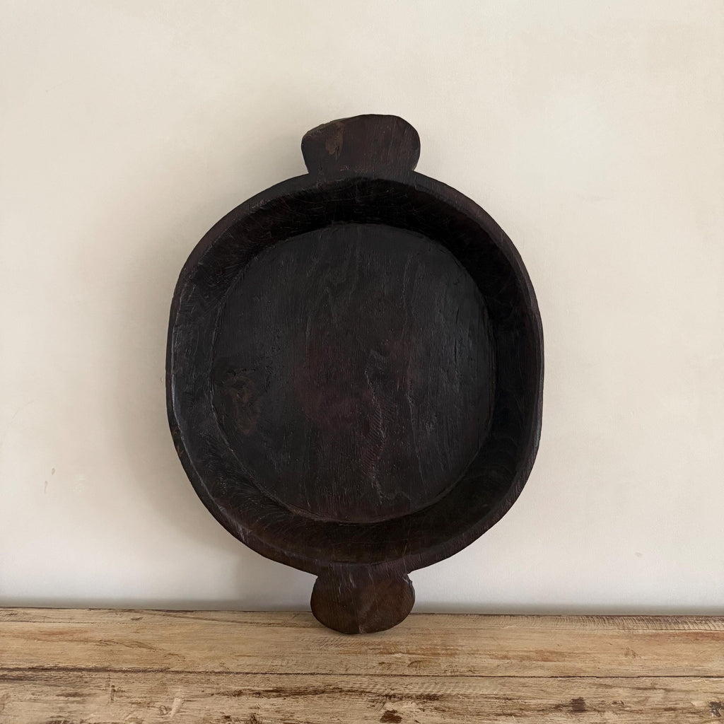 Vintage Teak Wood Dough Bowl | Dark Rustic Parat Tray 19