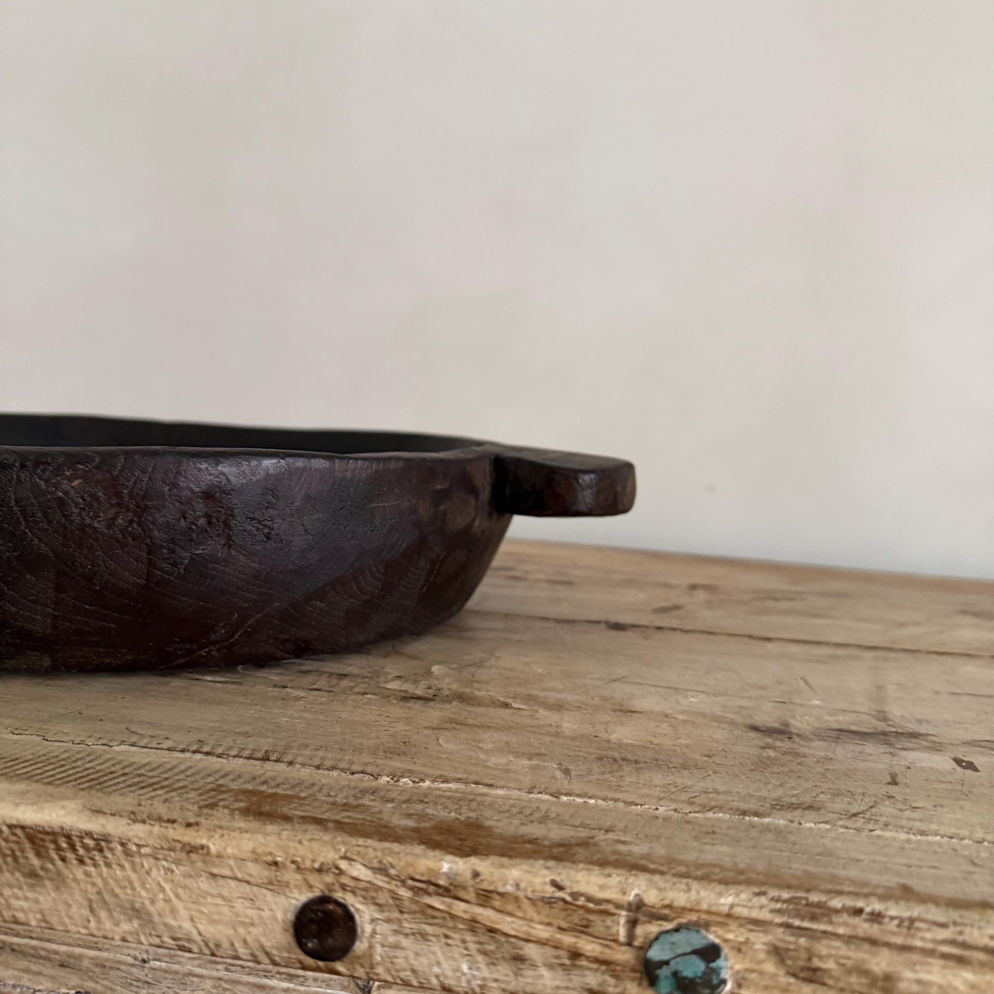 Vintage Teak Wood Dough Bowl | Dark Rustic Parat Tray 19