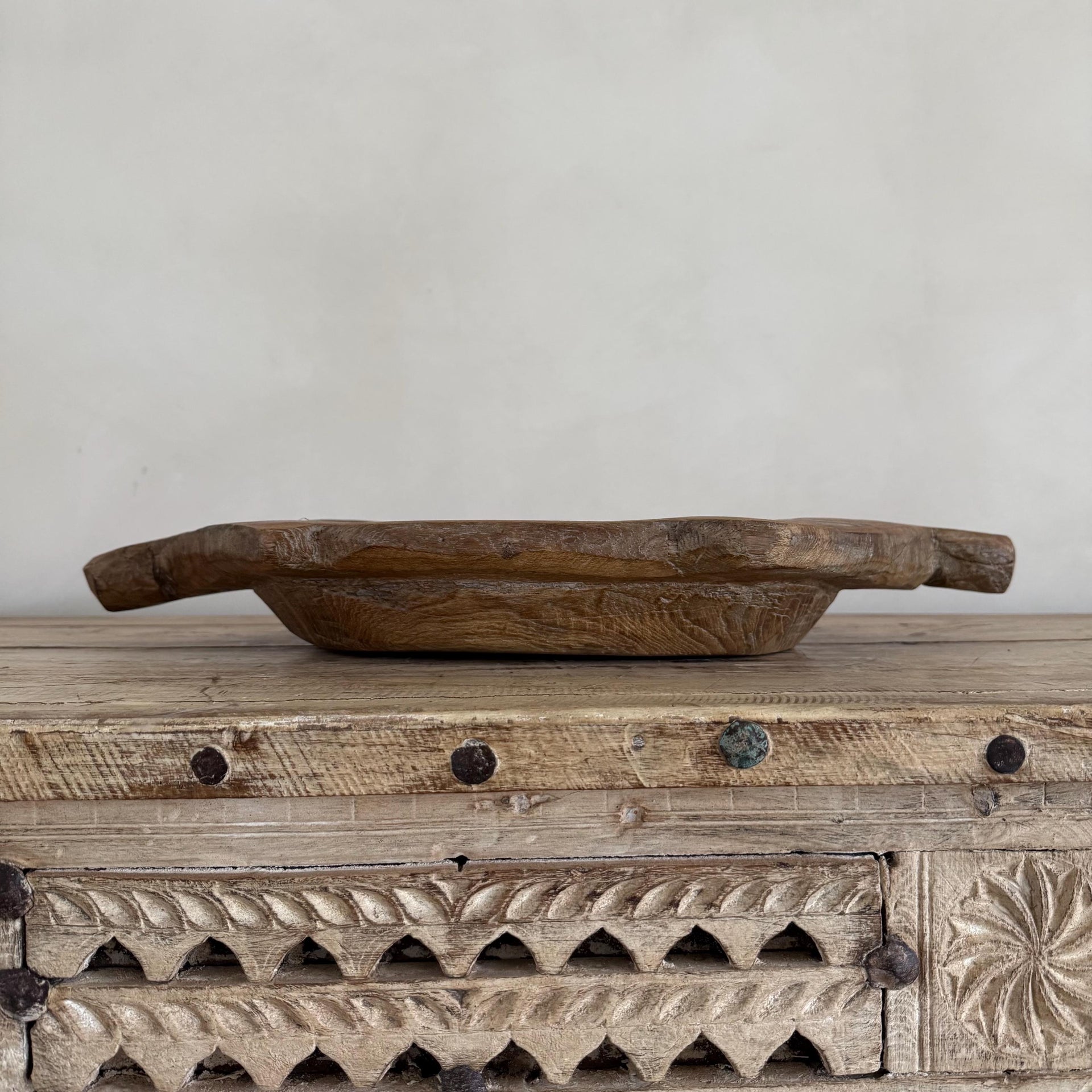 Vintage Teak Wood Dough Bowl | Dark Rustic Parat Tray 21