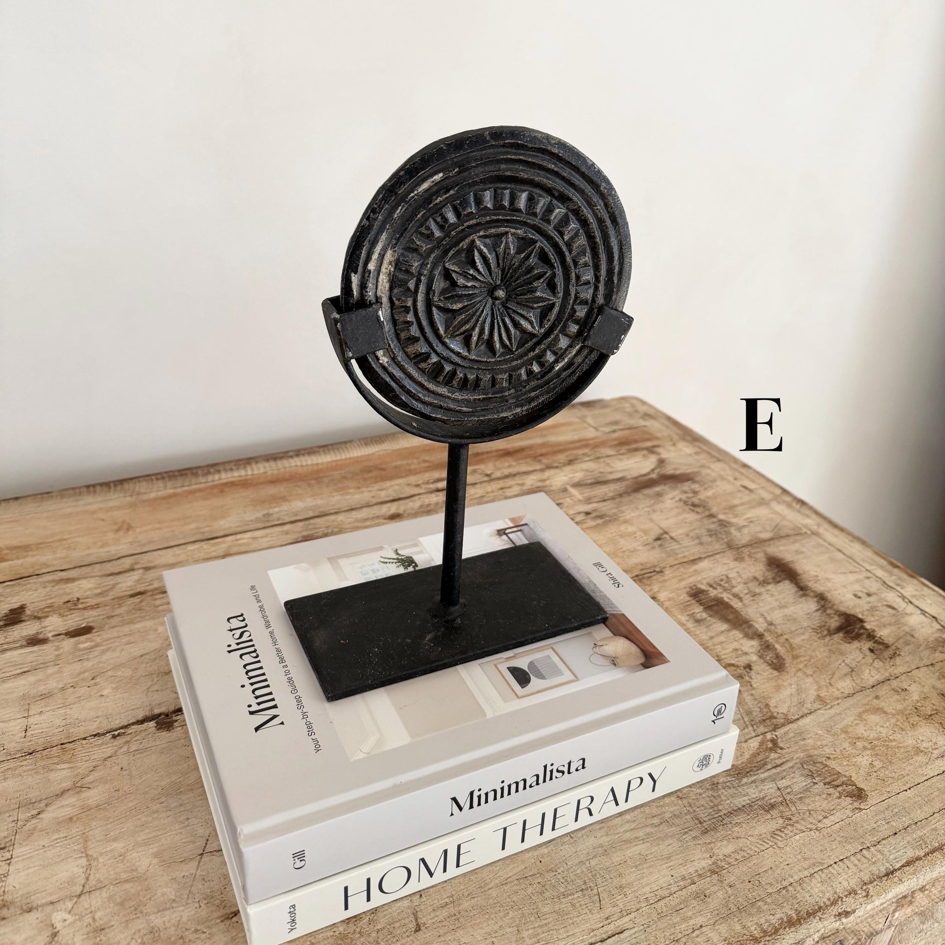 Antique Black Stone Biscuit Mold on Iron Stand