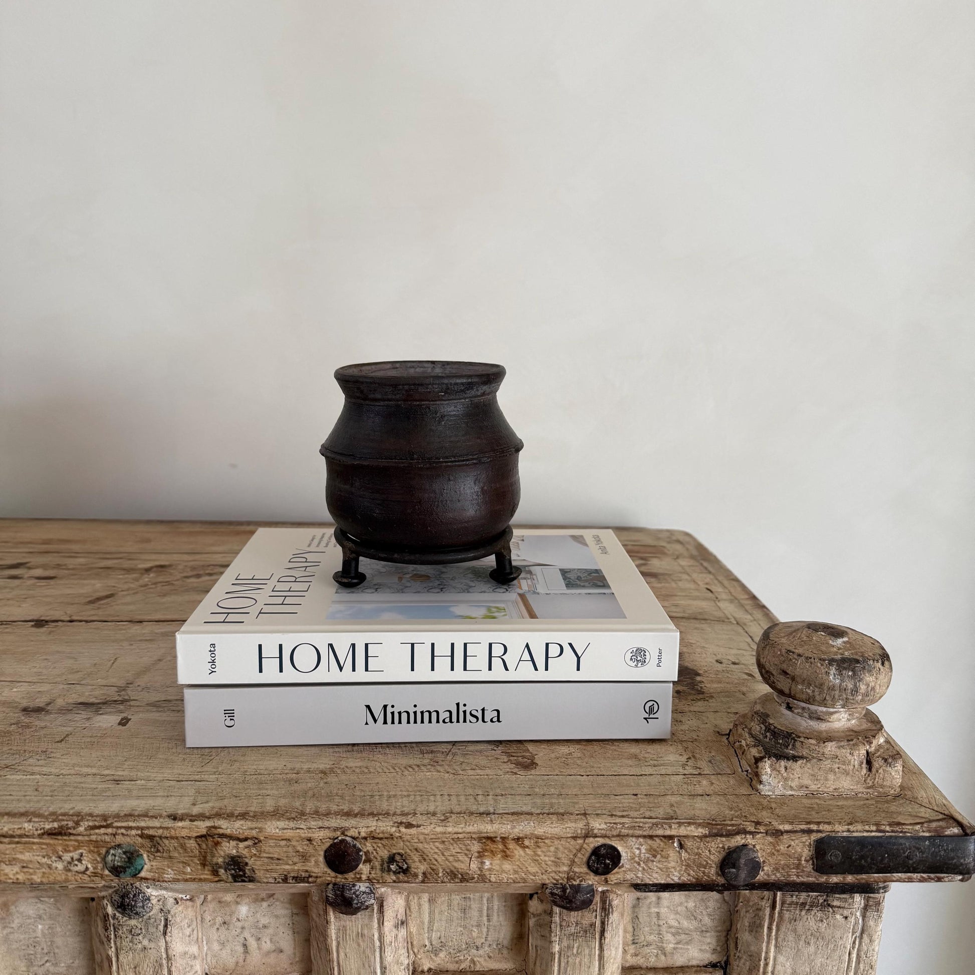 Small Vintage Indian Clay Pots with Iron stand