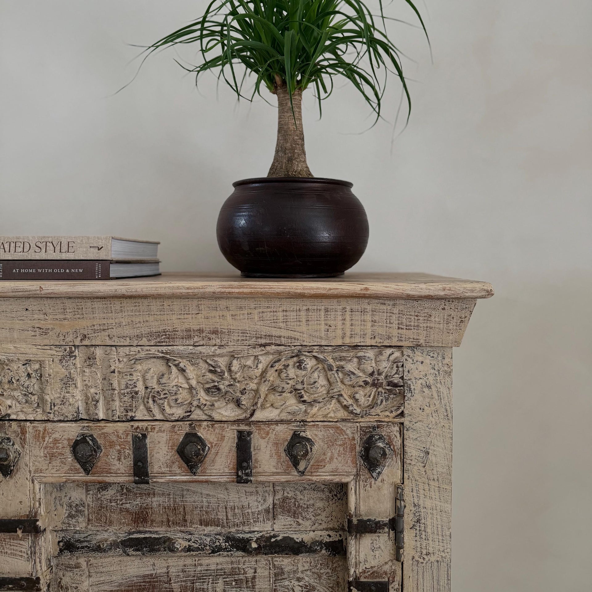 Antique Hand Carved Teak Wood Console with Iron Decor