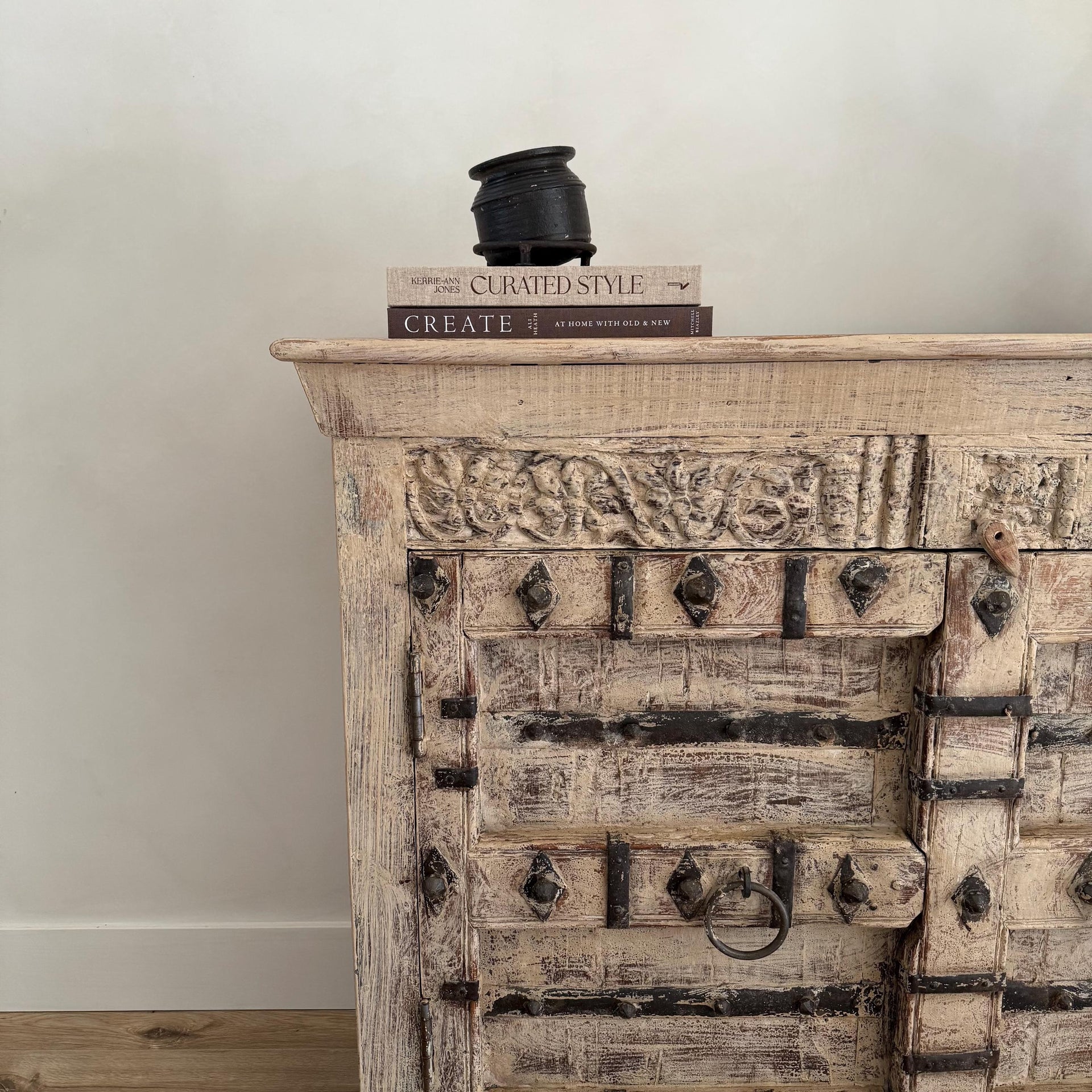 Antique Hand Carved Teak Wood Console with Iron Decor - Project Kalaā