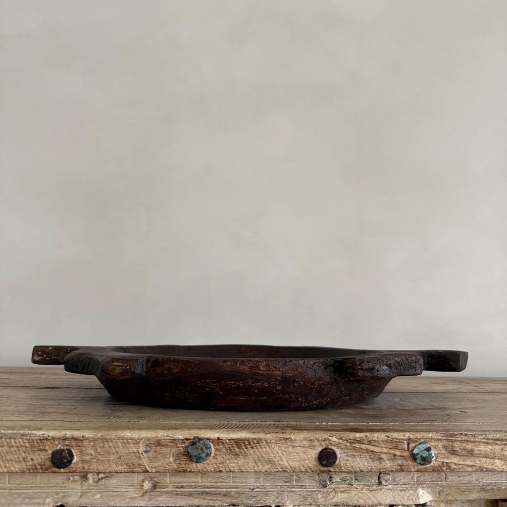 Vintage Teak Wood Dough Bowl | Dark Rustic Parat Tray 20"