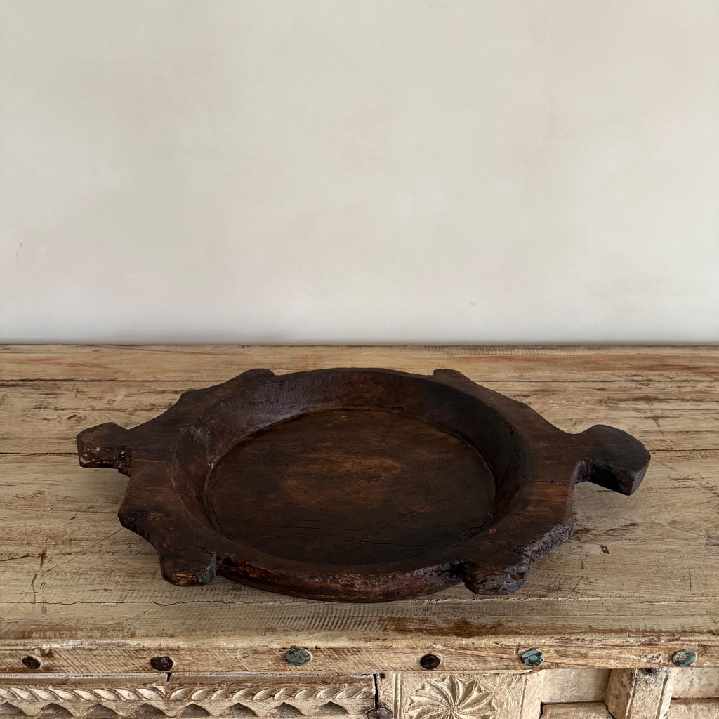 Vintage Teak Wood Dough Bowl | Dark Rustic Parat Tray 20"