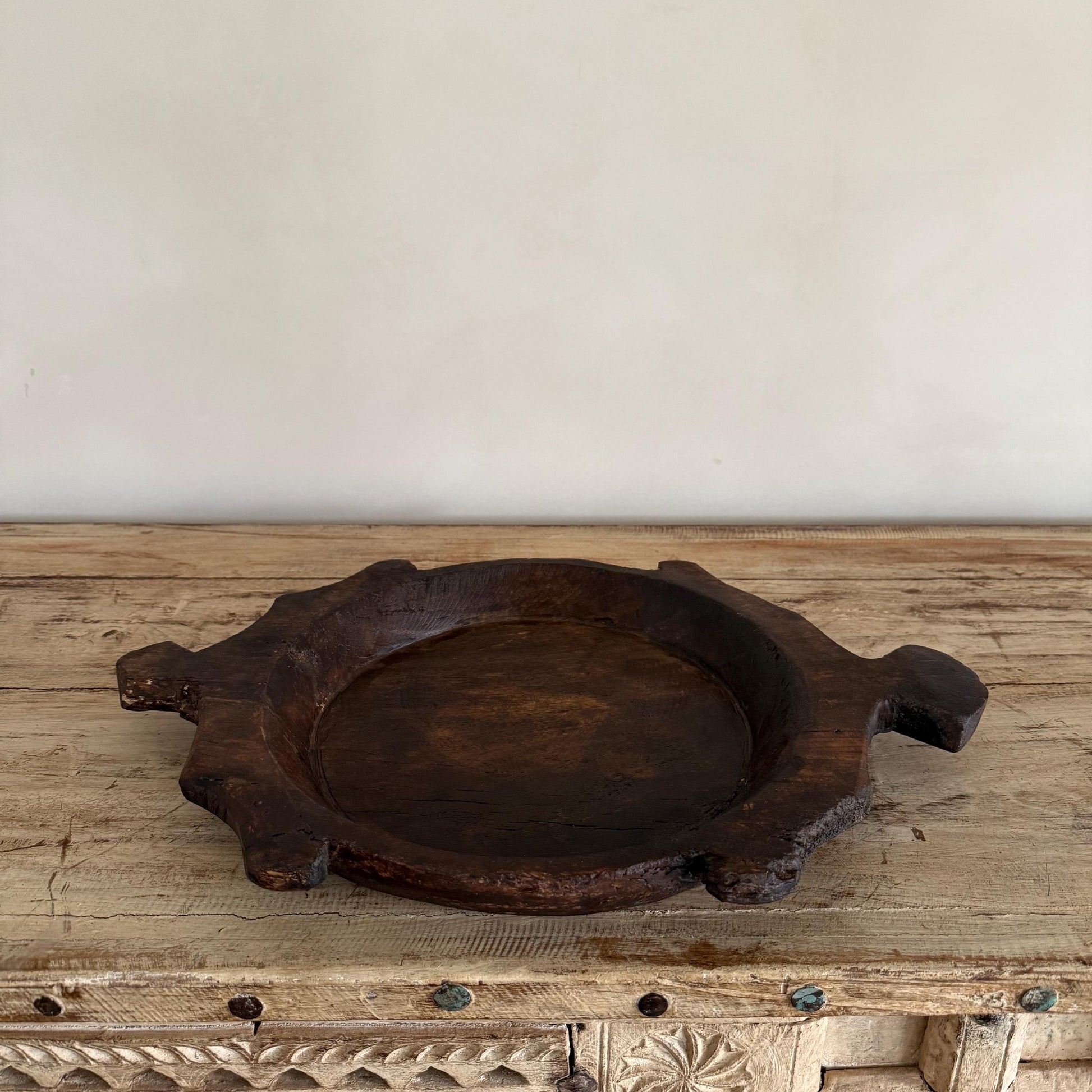 Vintage Teak Wood Dough Bowl | Dark Rustic Parat Tray 20"