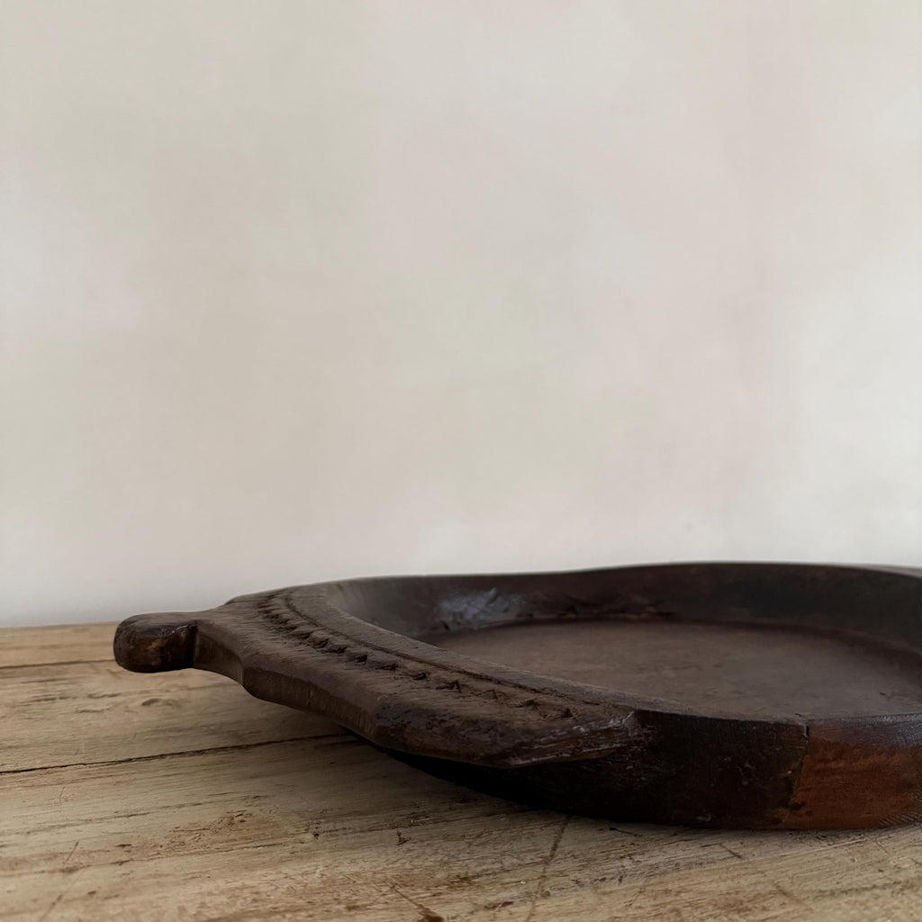 Vintage Teak Wood Dough Bowl | Dark Rustic Parat Tray 19”