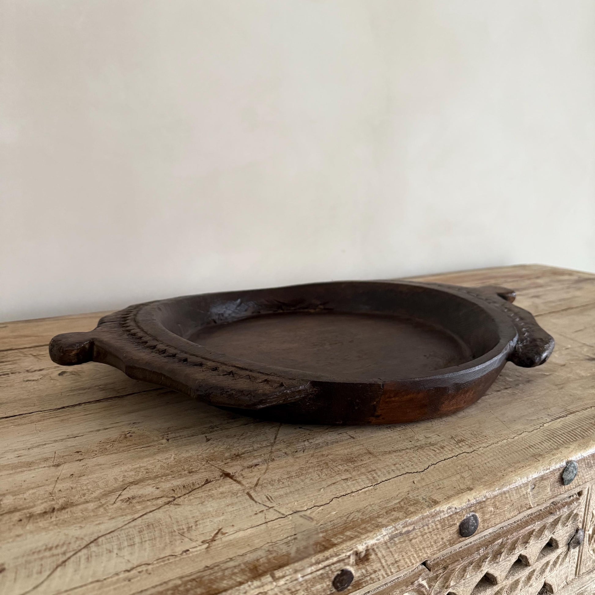 Vintage Teak Wood Dough Bowl | Dark Rustic Parat Tray 19”
