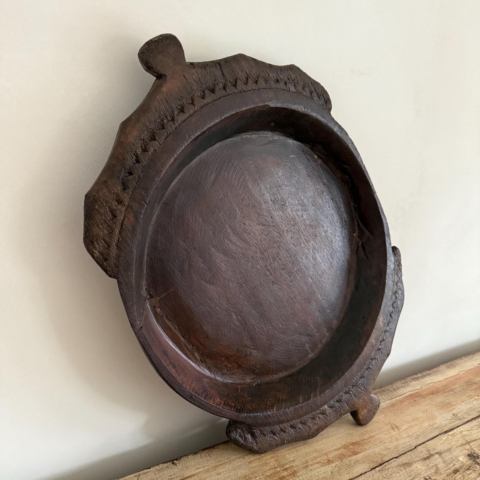 Vintage Teak Wood Dough Bowl | Dark Rustic Parat Tray 19”