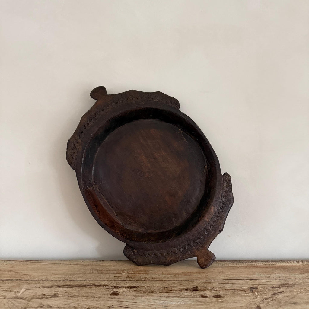 Vintage Teak Wood Dough Bowl | Dark Rustic Parat Tray 19