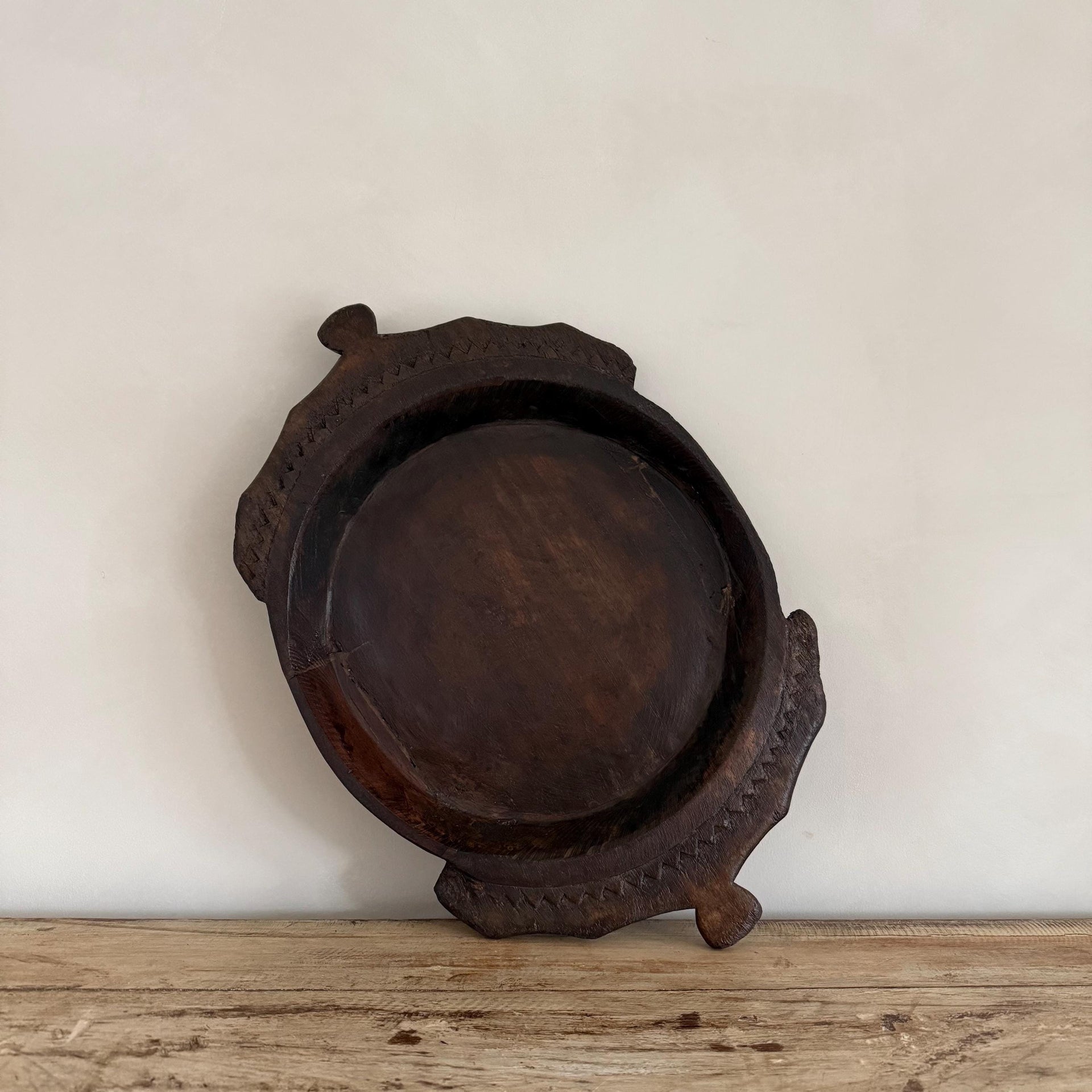 Vintage Teak Wood Dough Bowl | Dark Rustic Parat Tray 19”