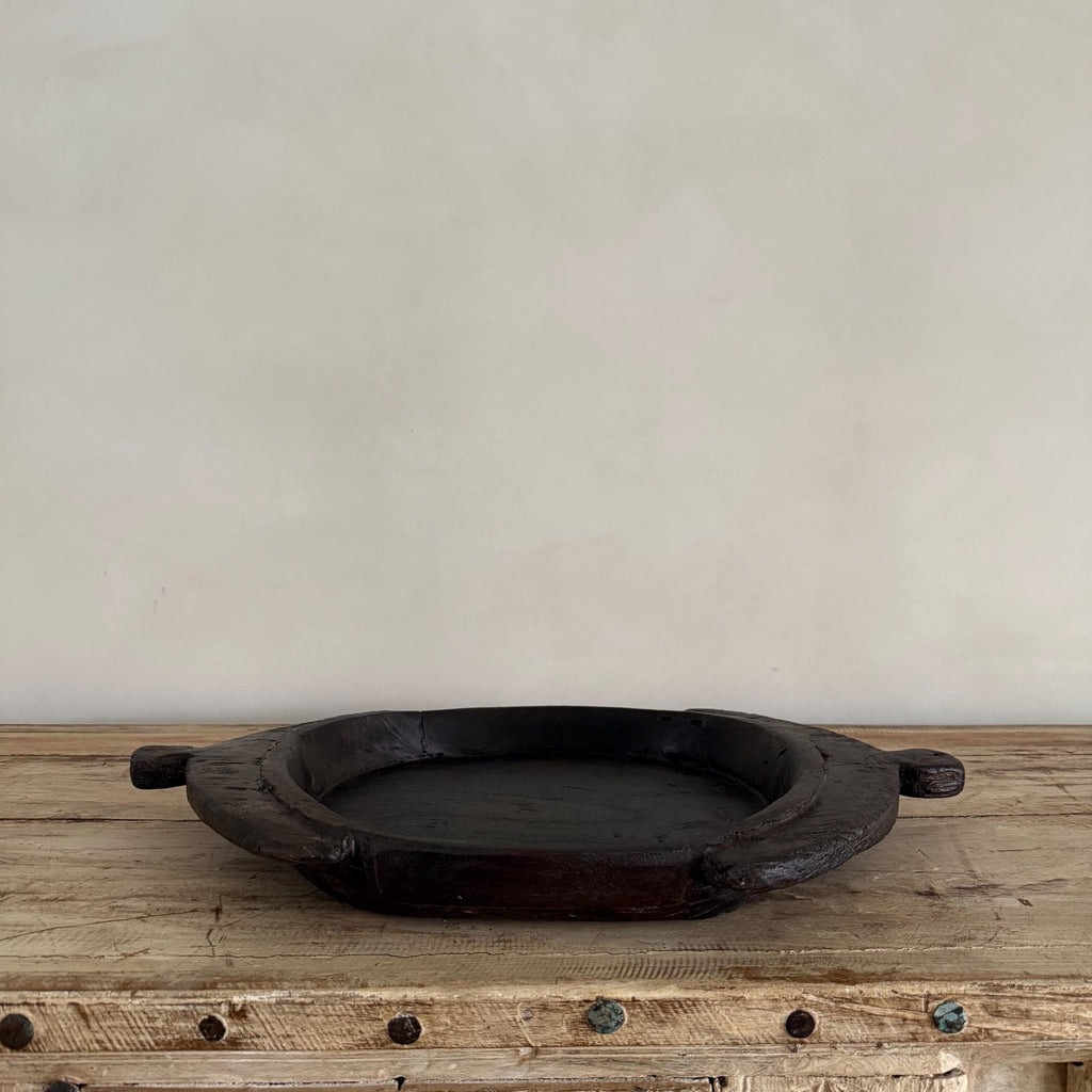 Vintage Teak Wood Dough Bowl | Dark Rustic Parat Tray 22