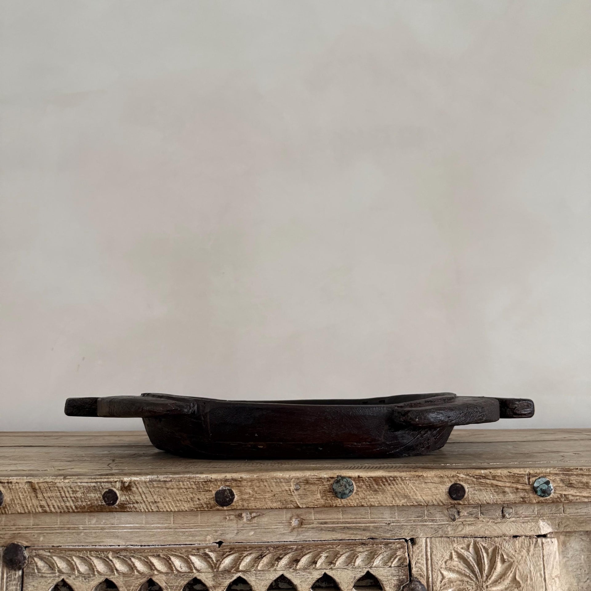 Vintage Teak Wood Dough Bowl | Dark Rustic Parat Tray 22