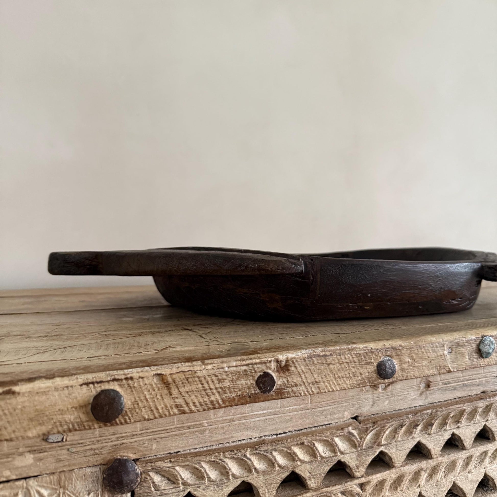 Vintage Teak Wood Dough Bowl | Dark Rustic Parat Tray 22