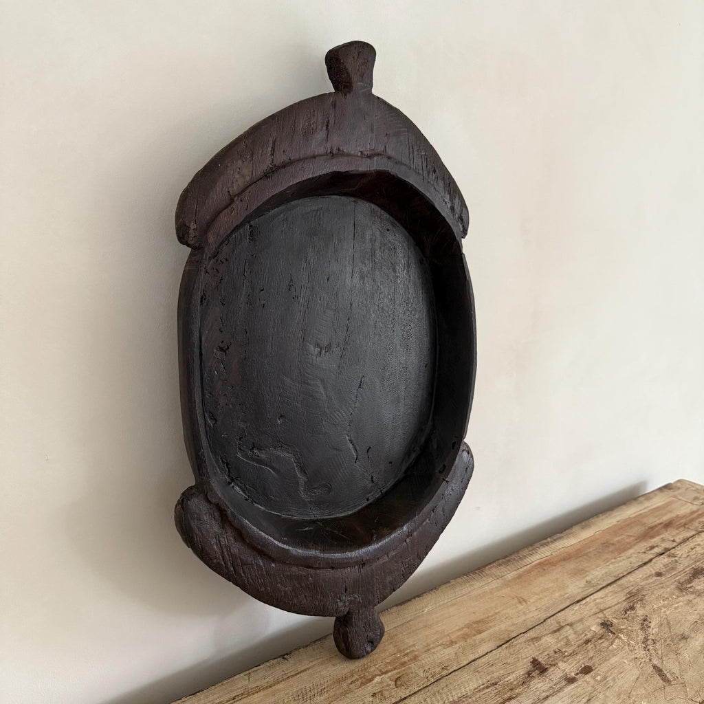 Vintage Teak Wood Dough Bowl | Dark Rustic Parat Tray 22