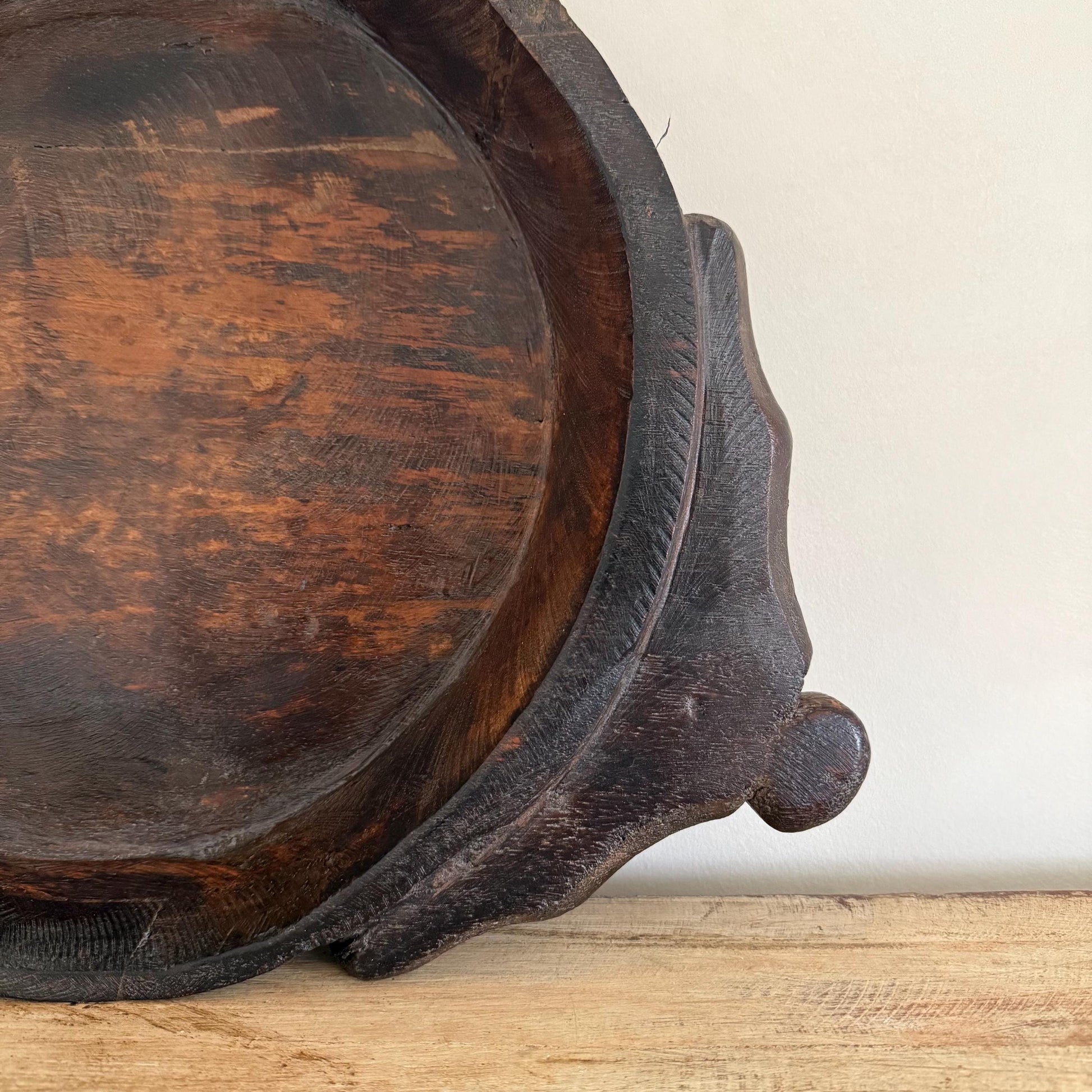 Vintage Teak Wood Dough Bowl | Dark Rustic Parat Tray 19
