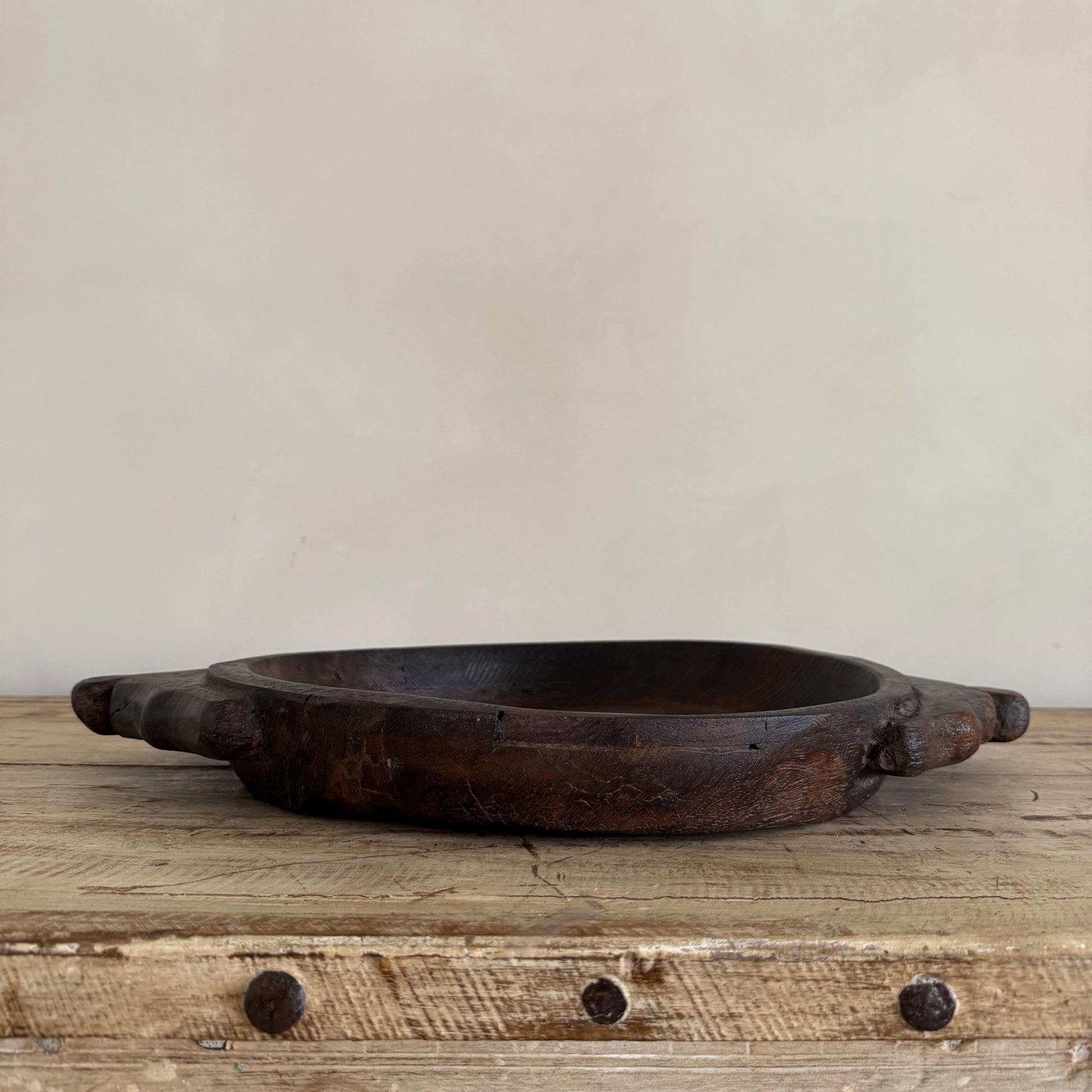 Vintage Teak Wood Dough Bowl | Dark Rustic Parat Tray 19