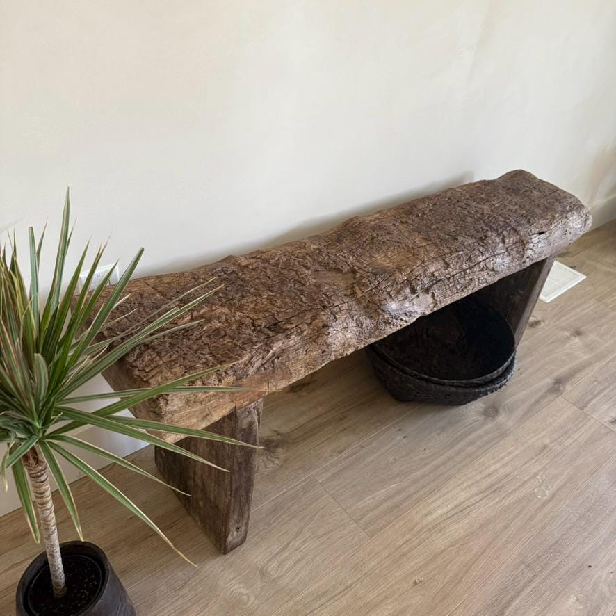 Acacia Wood Slab Bench  Handmade Weathered Wood Hallway Entryway Sofa Table