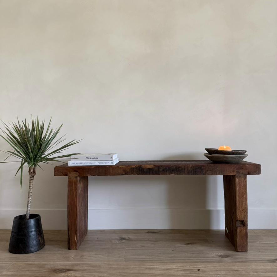 Vintage Teak Slab Farmhouse Bench  Handmade Heavy Wood Hallway Entryway Sofa Table