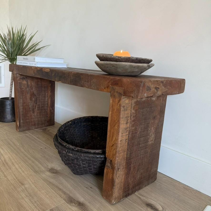 Vintage Teak Slab Farmhouse Bench  Handmade Heavy Wood Hallway Entryway Sofa Table