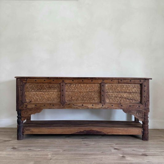 Vintage Hand Carved Teak Wood Console Table, Dark Solid Wood Entryway Console, Rustic Hallway Table, Antique Farmhouse Buffet
