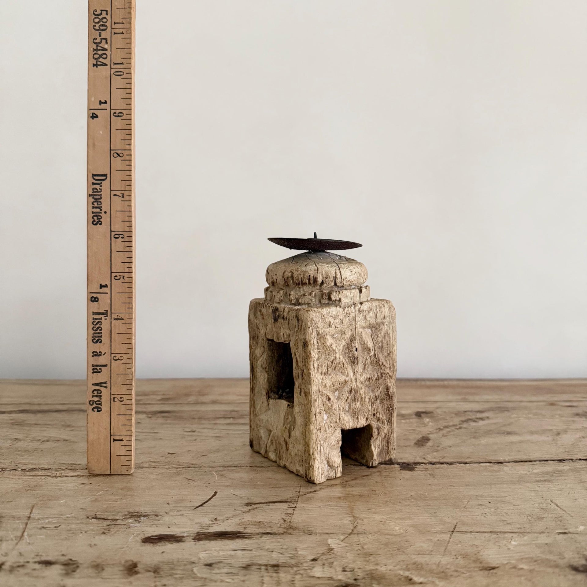 Vintage Carved Teak Wood 6.5" Candle Stick Holder | Wabi Sabi Wooden Decor