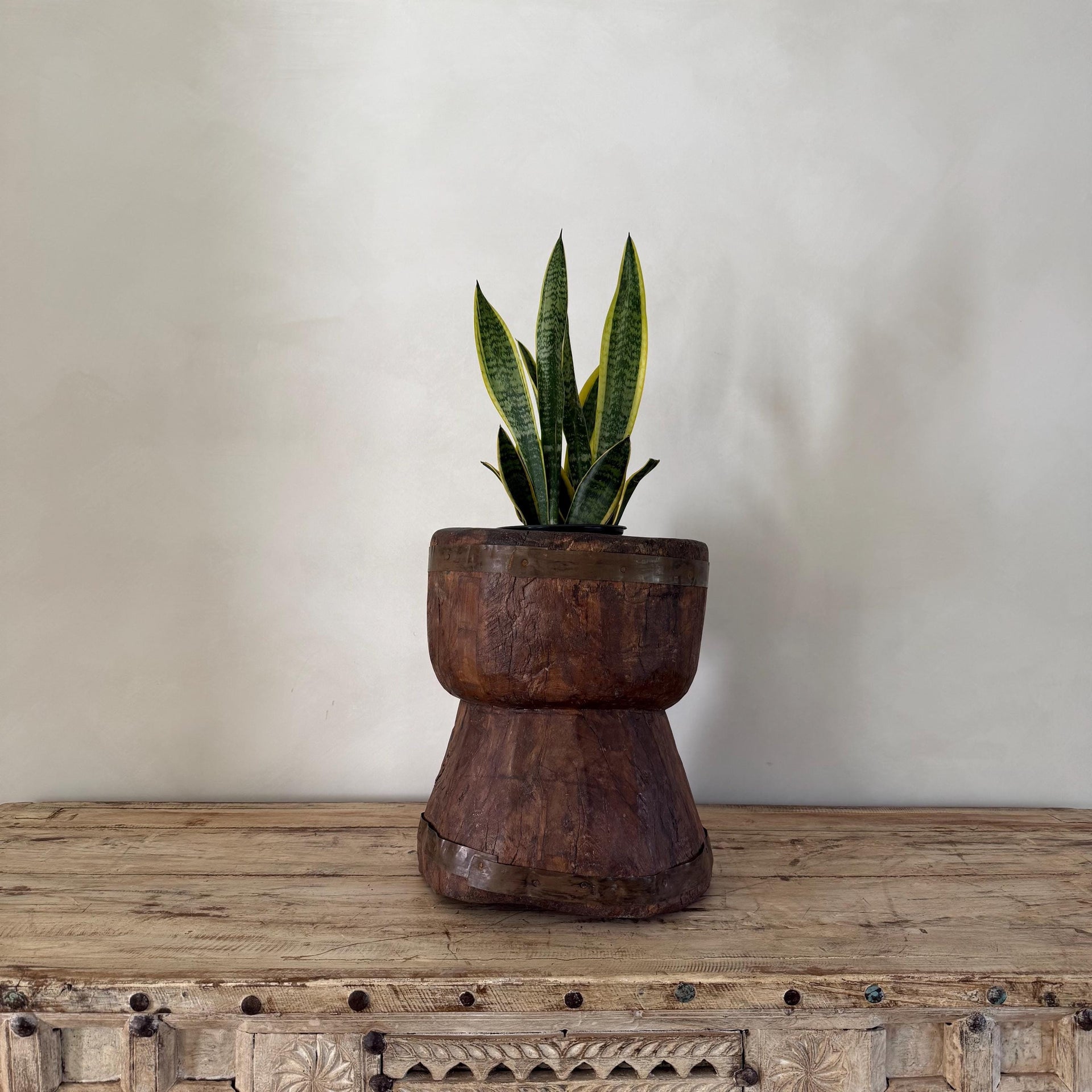 Antique Primitive Wooden Planter, Rustic Ukhali Side Table