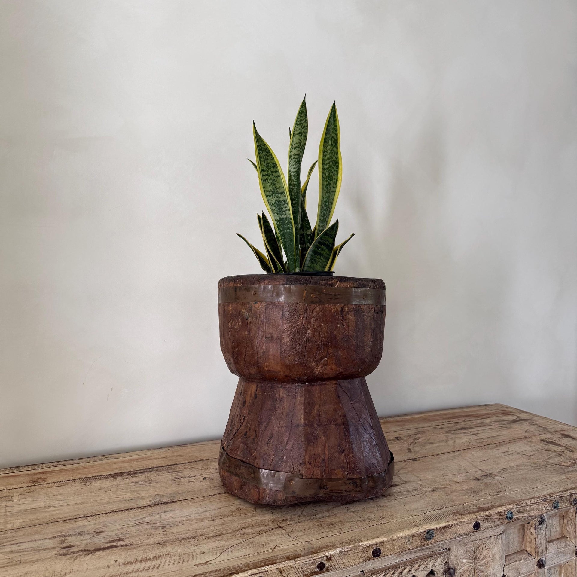 Antique Primitive Wooden Planter, Rustic Ukhali Side Table