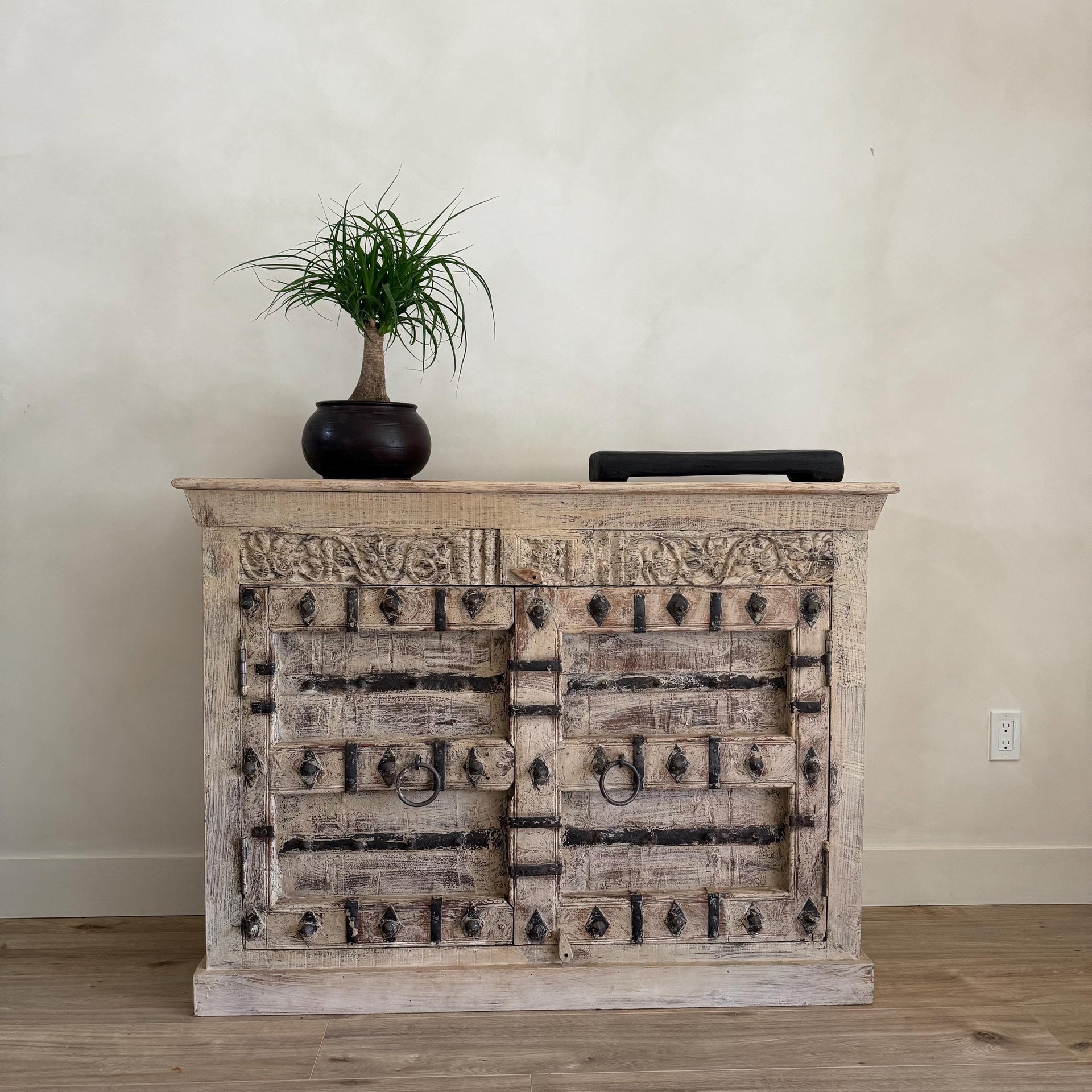 Antique Hand Carved Teak Wood Console with Iron Decor