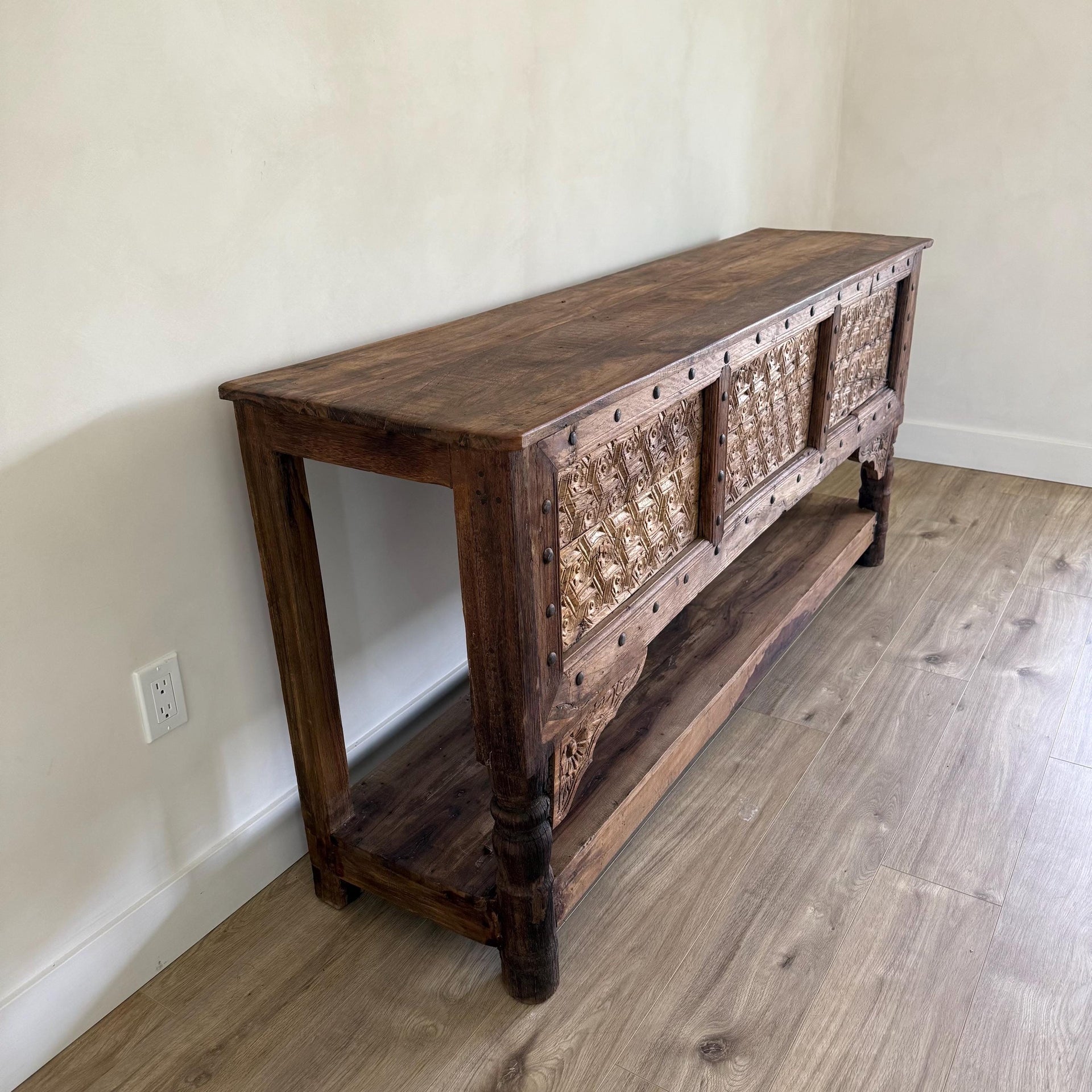Vintage Hand Carved Teak Wood Console Table, Dark Solid Wood Entryway Console, Rustic Hallway Table, Antique Farmhouse Buffet