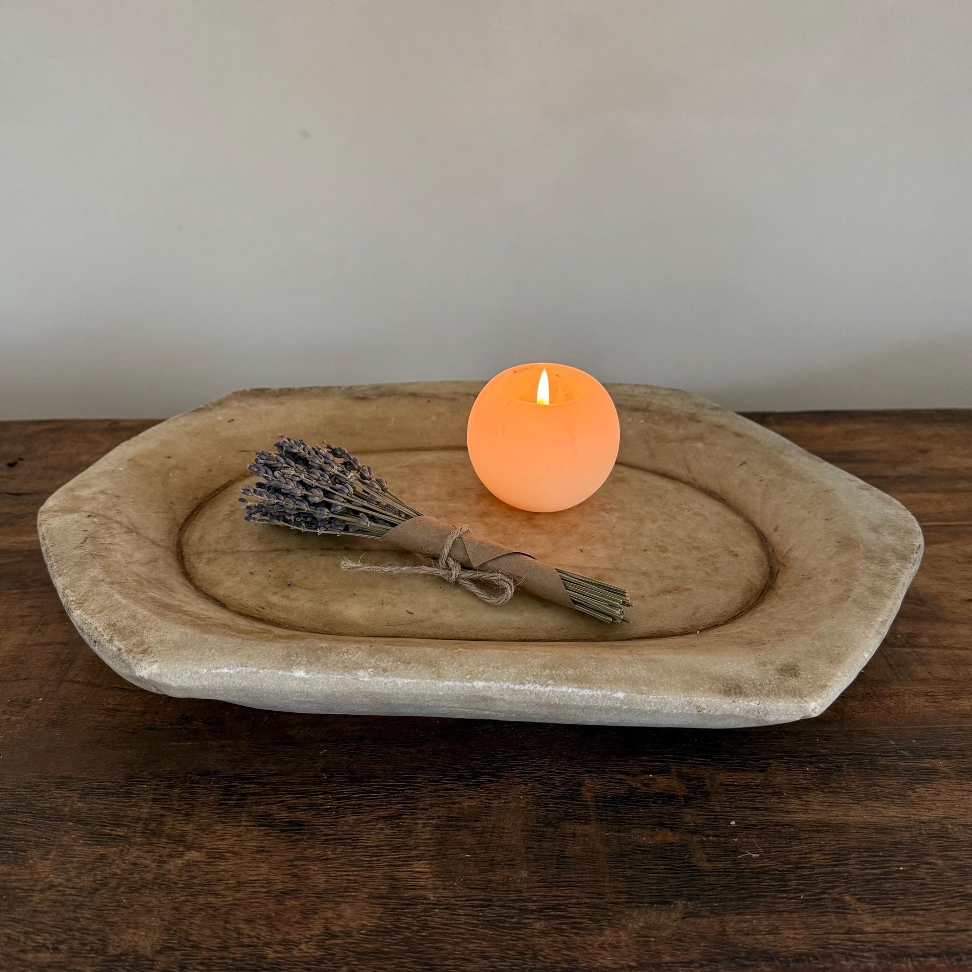 16 XL Vintage Marble Kharal Stone Tray, Antique Limestone Carved Oval Tray, Primitive Marble Centerpiece - Project Kalaā