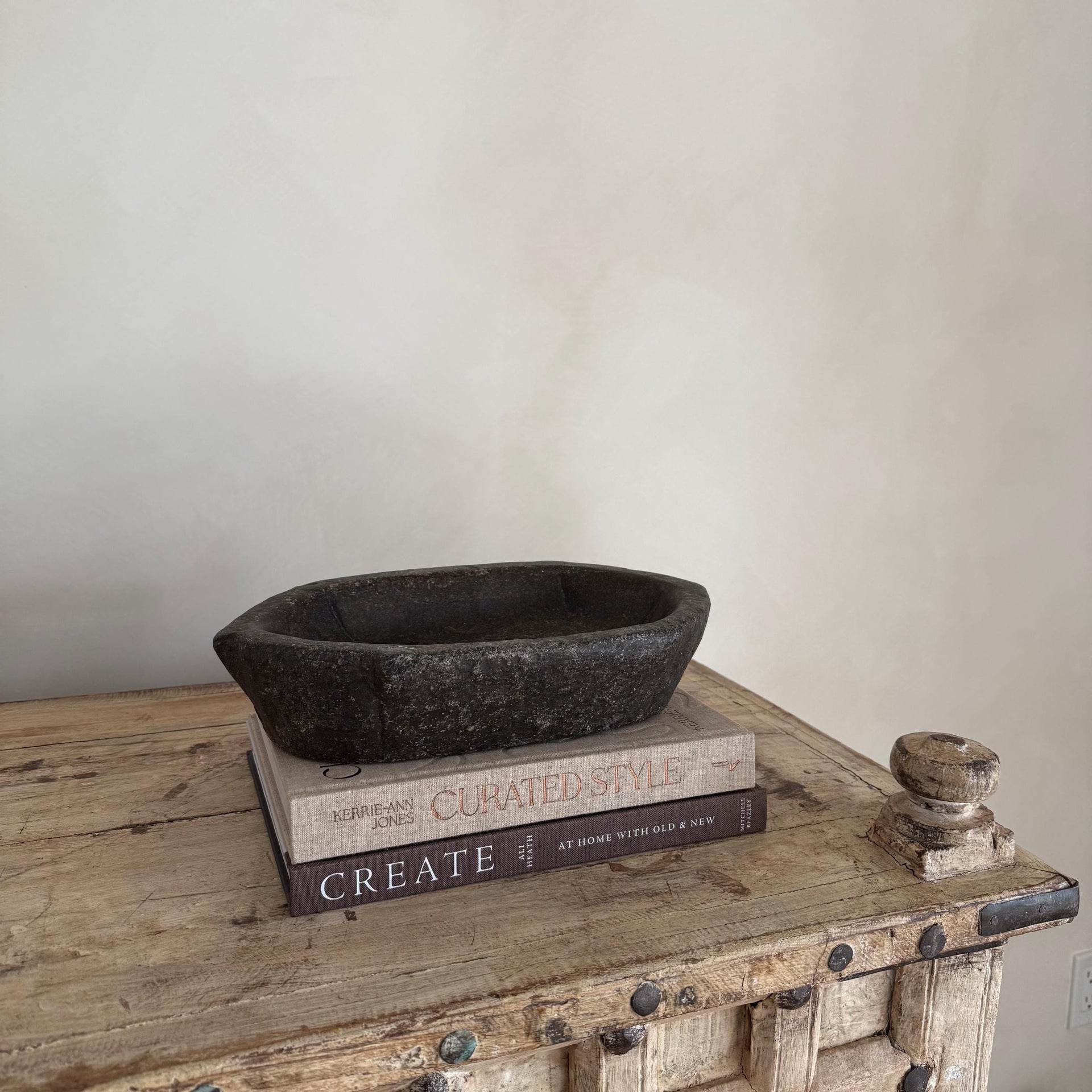 Vintage Black Kharal Stone Tray, Antique Limestone Carved Oval Tray, Primitive Marble Centerpiece