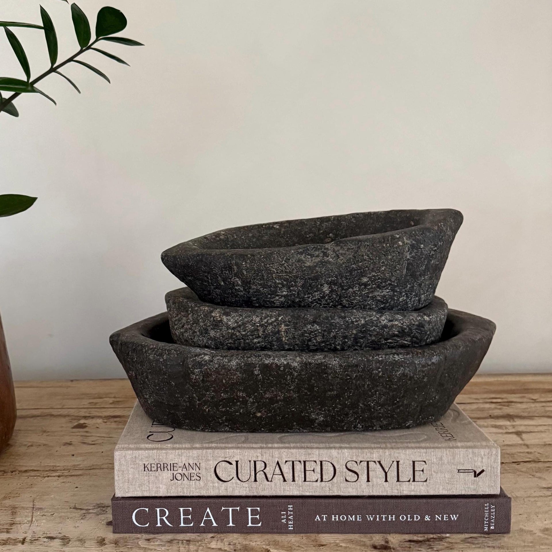 Vintage Black Kharal Stone Tray, Antique Limestone Carved Oval Tray, Primitive Marble Centerpiece